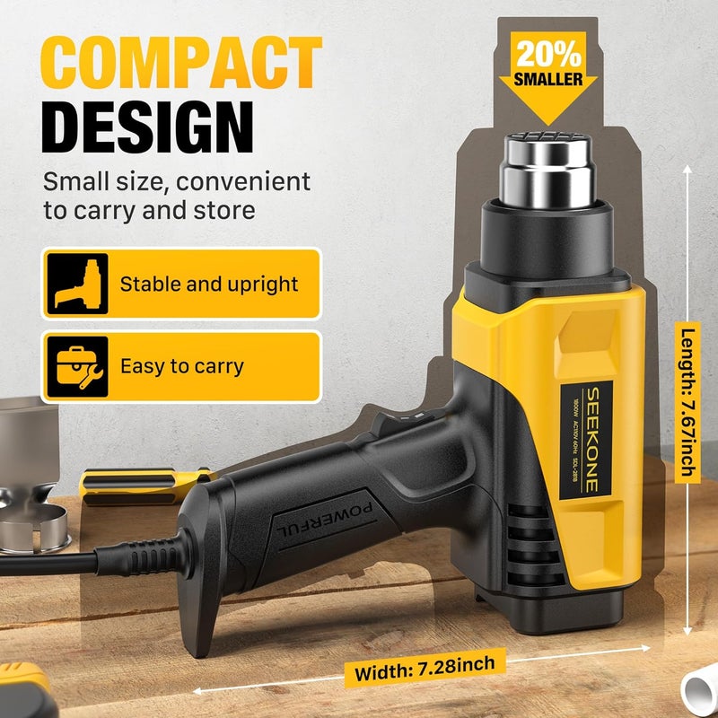 SEEKONE 1800W Heat Gun Compact Design Heavy Duty Hot Air Gun 122℉-1202℉（50℃- 650℃）Variable Temperature Control for 2 Speed Settings with 4 Nozzels for Crafts, Vinyl Wrap, Shrink Tubing - Image 4